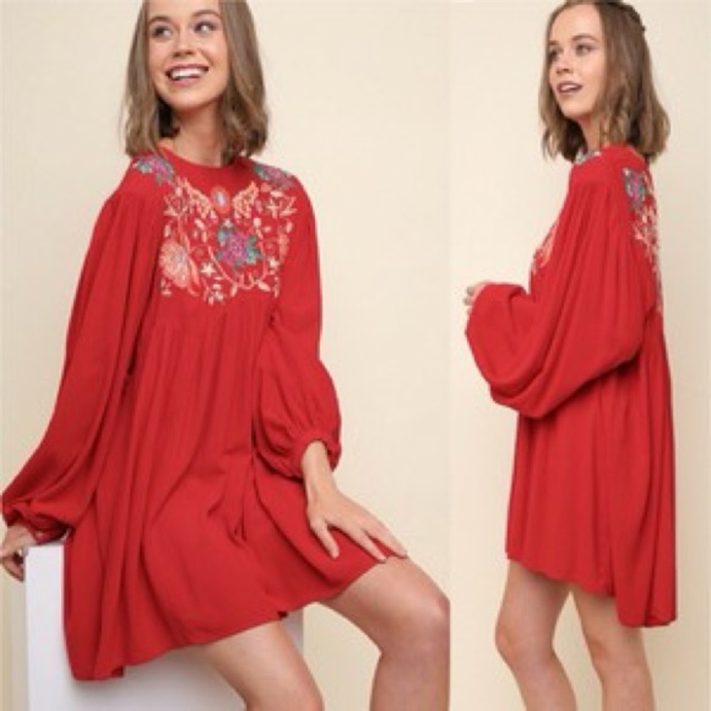 Umgee Dress - Deep Red with Floral Embroidery - Small